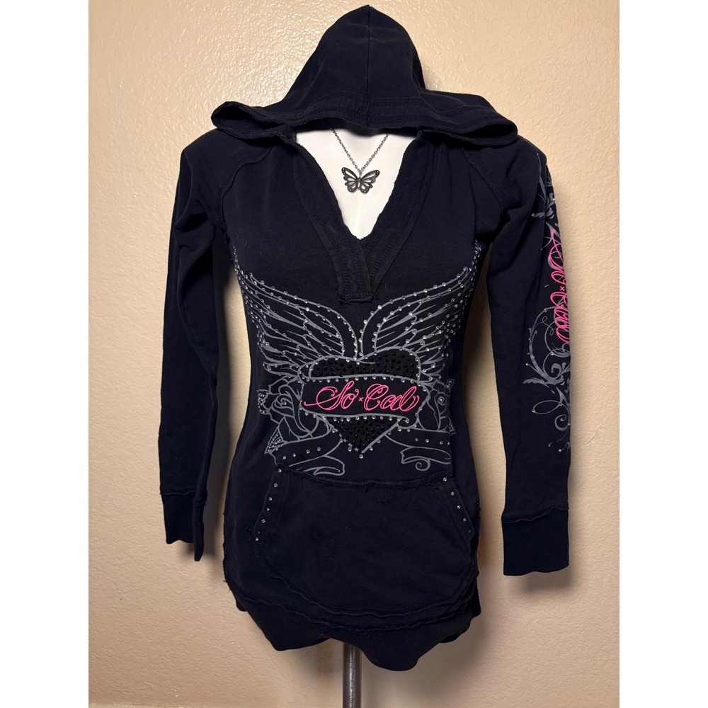 Y2K So Cal Rhinestone Winged Heart Hoodie RARE Pink McBling Longline Small #5
